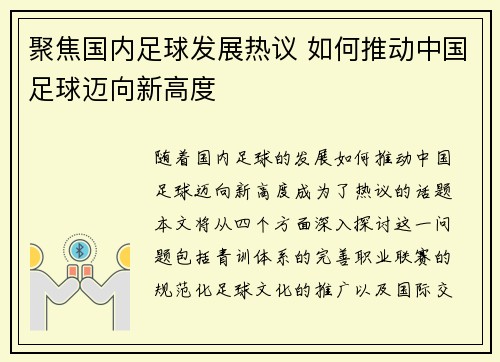 聚焦国内足球发展热议 如何推动中国足球迈向新高度