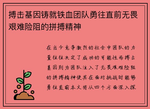 搏击基因铸就铁血团队勇往直前无畏艰难险阻的拼搏精神