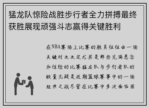 猛龙队惊险战胜步行者全力拼搏最终获胜展现顽强斗志赢得关键胜利