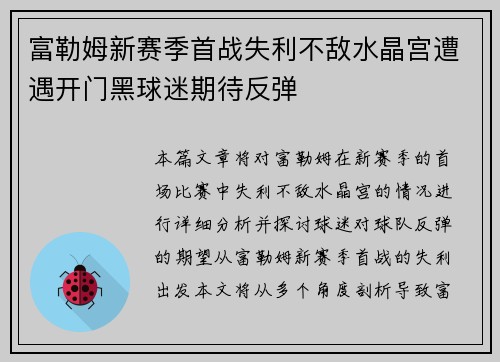 富勒姆新赛季首战失利不敌水晶宫遭遇开门黑球迷期待反弹