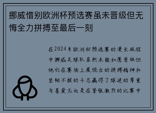 挪威惜别欧洲杯预选赛虽未晋级但无悔全力拼搏至最后一刻