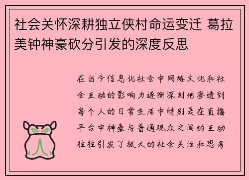 社会关怀深耕独立侠村命运变迁 葛拉美钟神豪砍分引发的深度反思