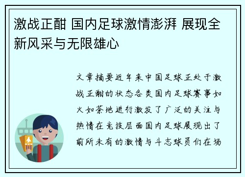 激战正酣 国内足球激情澎湃 展现全新风采与无限雄心