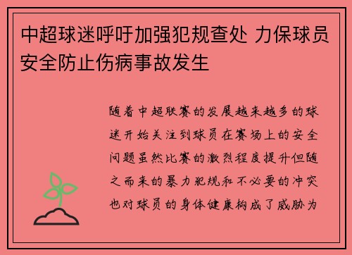 中超球迷呼吁加强犯规查处 力保球员安全防止伤病事故发生