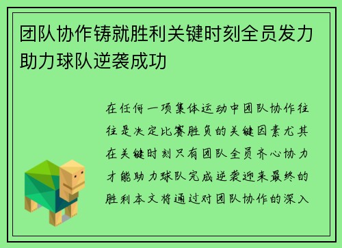 团队协作铸就胜利关键时刻全员发力助力球队逆袭成功