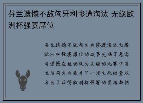 芬兰遗憾不敌匈牙利惨遭淘汰 无缘欧洲杯强赛席位