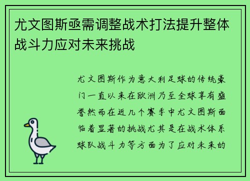尤文图斯亟需调整战术打法提升整体战斗力应对未来挑战