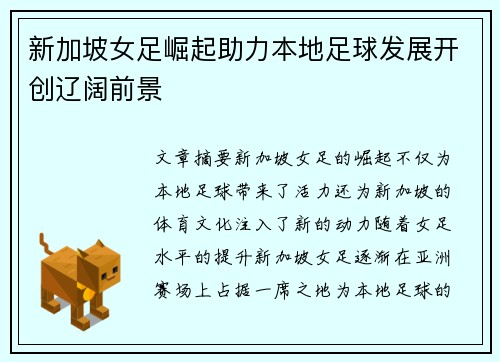 新加坡女足崛起助力本地足球发展开创辽阔前景