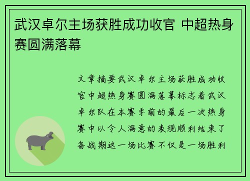 武汉卓尔主场获胜成功收官 中超热身赛圆满落幕