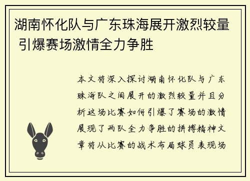 湖南怀化队与广东珠海展开激烈较量 引爆赛场激情全力争胜