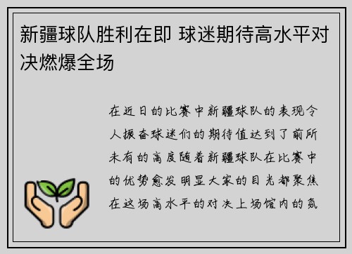 新疆球队胜利在即 球迷期待高水平对决燃爆全场