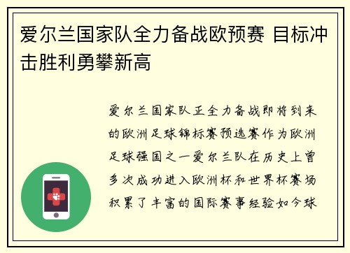 爱尔兰国家队全力备战欧预赛 目标冲击胜利勇攀新高
