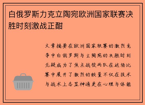 白俄罗斯力克立陶宛欧洲国家联赛决胜时刻激战正酣