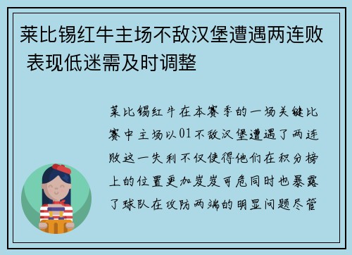 莱比锡红牛主场不敌汉堡遭遇两连败 表现低迷需及时调整