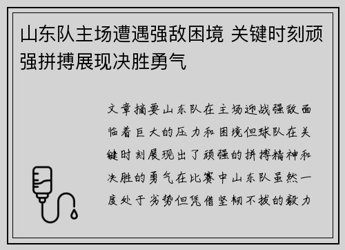 山东队主场遭遇强敌困境 关键时刻顽强拼搏展现决胜勇气