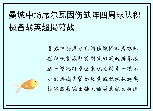 曼城中场席尔瓦因伤缺阵四周球队积极备战英超揭幕战