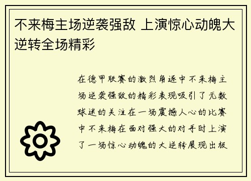 不来梅主场逆袭强敌 上演惊心动魄大逆转全场精彩