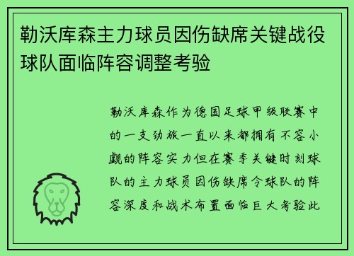 勒沃库森主力球员因伤缺席关键战役球队面临阵容调整考验